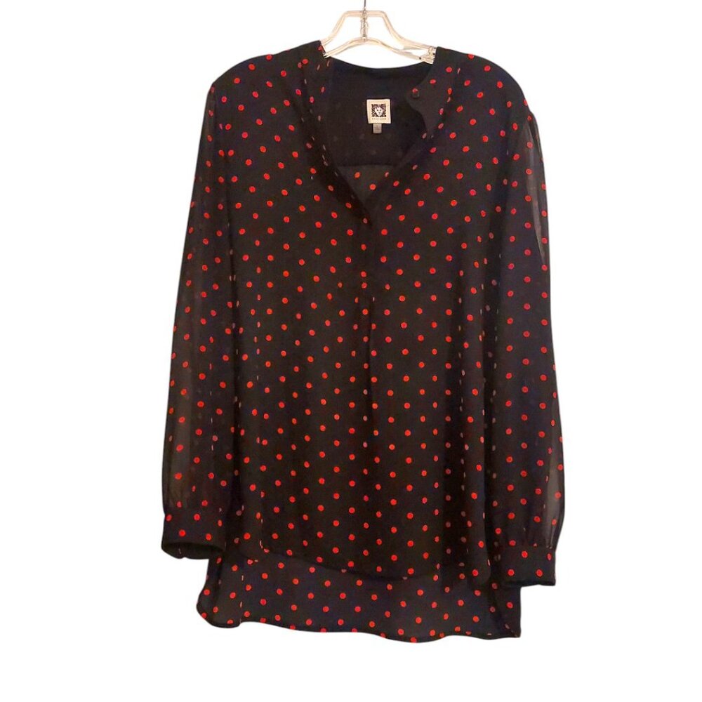 Anne Klein Womens Black Silver Dot Blouse Size L Henley Neck Long Sleeve